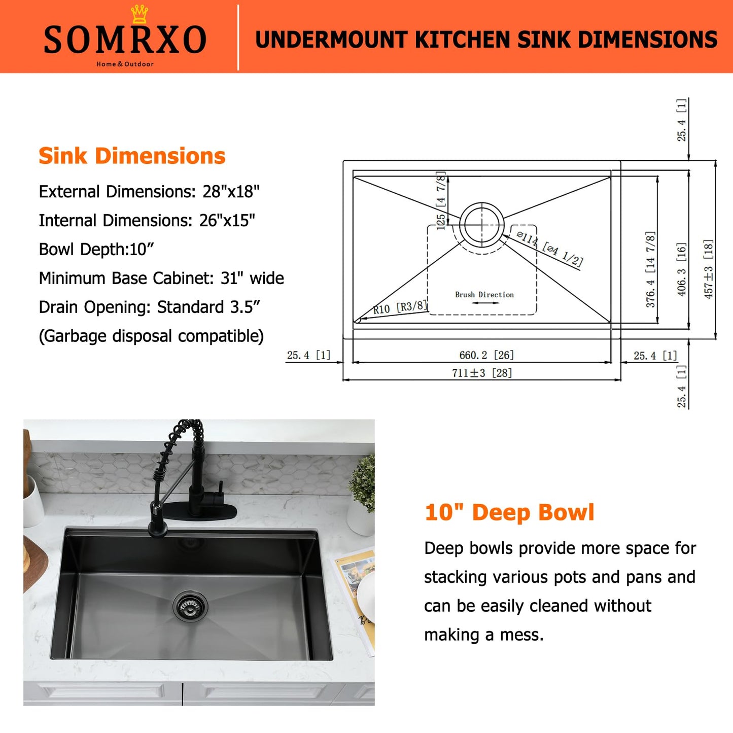 SOMRXO 28 Inch Undermount Kitchen Sink Black - 16 Gauge Black Satainless Steel Kitchen Sink Undermount 28x18,10 Inch Deep Single Bowl Workstation Sinks with Accessories