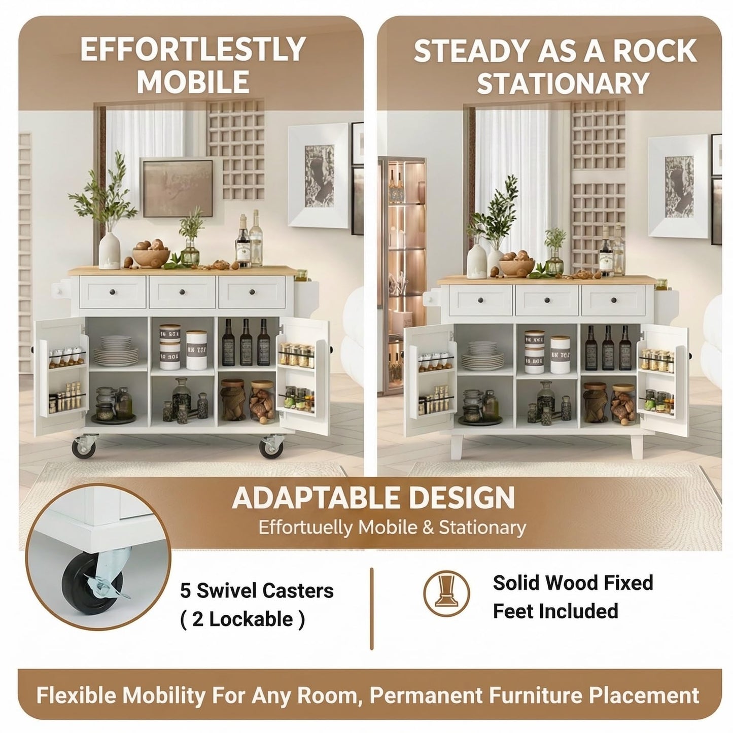 Waully 53'' Mobile Kitchen Island with Seating, Rolling Kitchen Island with Storage and Drop Leaf, 3 Drawers Islands Cart Rubberwood Top, 2 Open Shelves, Isla para Cocina, White + 2 StooIs
