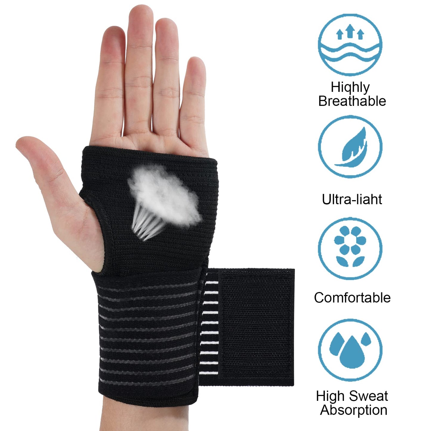 AOOWU Wrist Brace, 2 Pack Elastic Wrist Support with Strap, Wrist Compression Wrap Adjustable Wrist Strap Relieves Wrist Pain, Tendonitis, Sports Use for Men and Women, Right & Lef(Black)