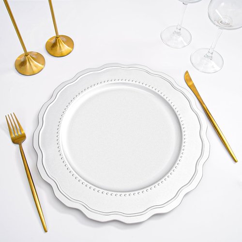 50 Pack Silver Charger Plates, 13 Inch Silver Chargers Plastic Round Dinner Charger Plates Bulk Decorative Beaded Flower Plate Chargers for Wedding Party Event Bridal Shower Elegant Tabletop Decor