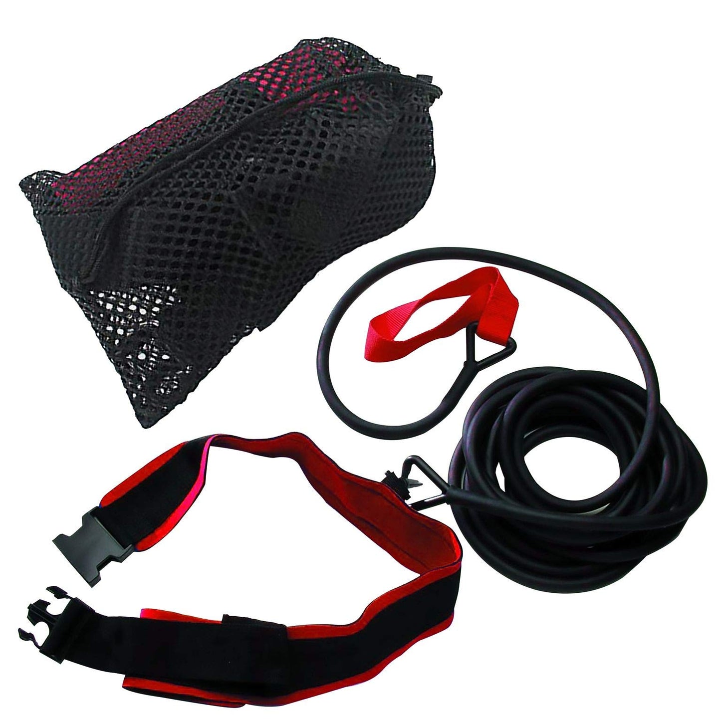 Water Gear Swim Training Leash Belt - Tether Stationary Swimming - Swimming Pool Resistance Exercise Trainer Equipment for Adult and Kids - 20 Meter Rubber Leash - Red Heavy Resist