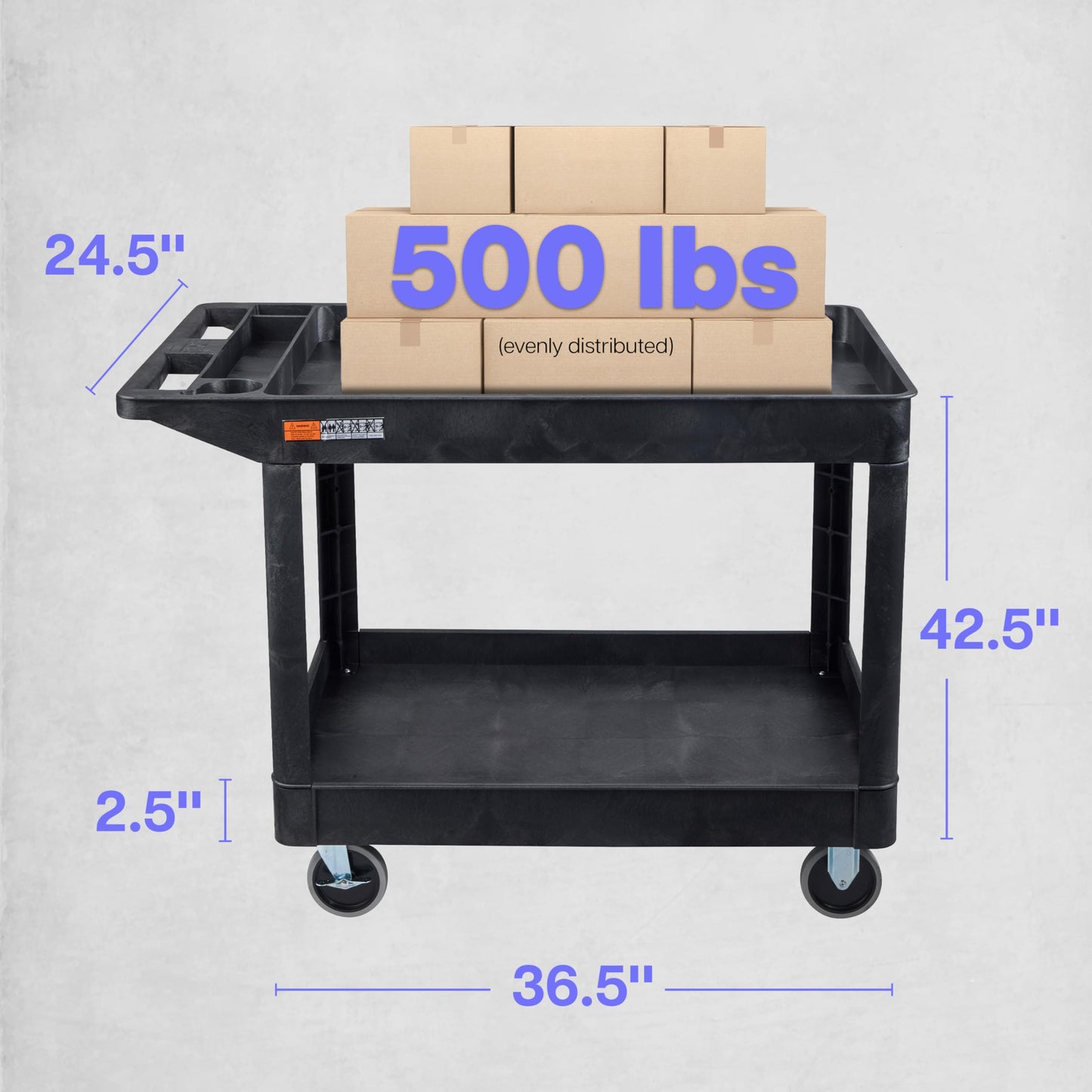 Tubstr Extra Large Two-Shelf Utility Cart with Heavy-Duty Wheels | 500 lb. Capacity Rolling Utility & Tool Cart for Warehouses, Industrial Settings, Auto Garages, & More (Black, 45.5 x 24.5)