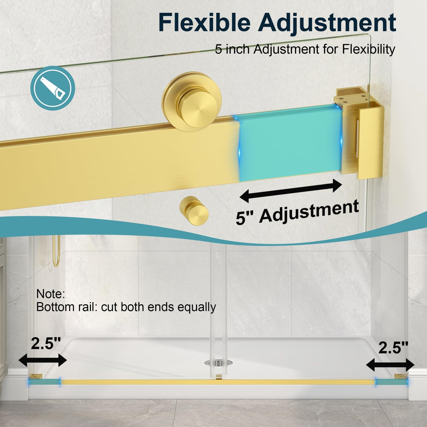 KPUY Frameless Shower Door, 43-48" W x 76" H Double Sliding Glass Shower Door, 1/4" (6mm) Thick Tempered Clear Glass with Explosion-Proof Film Nano Coating, Brushed Gold