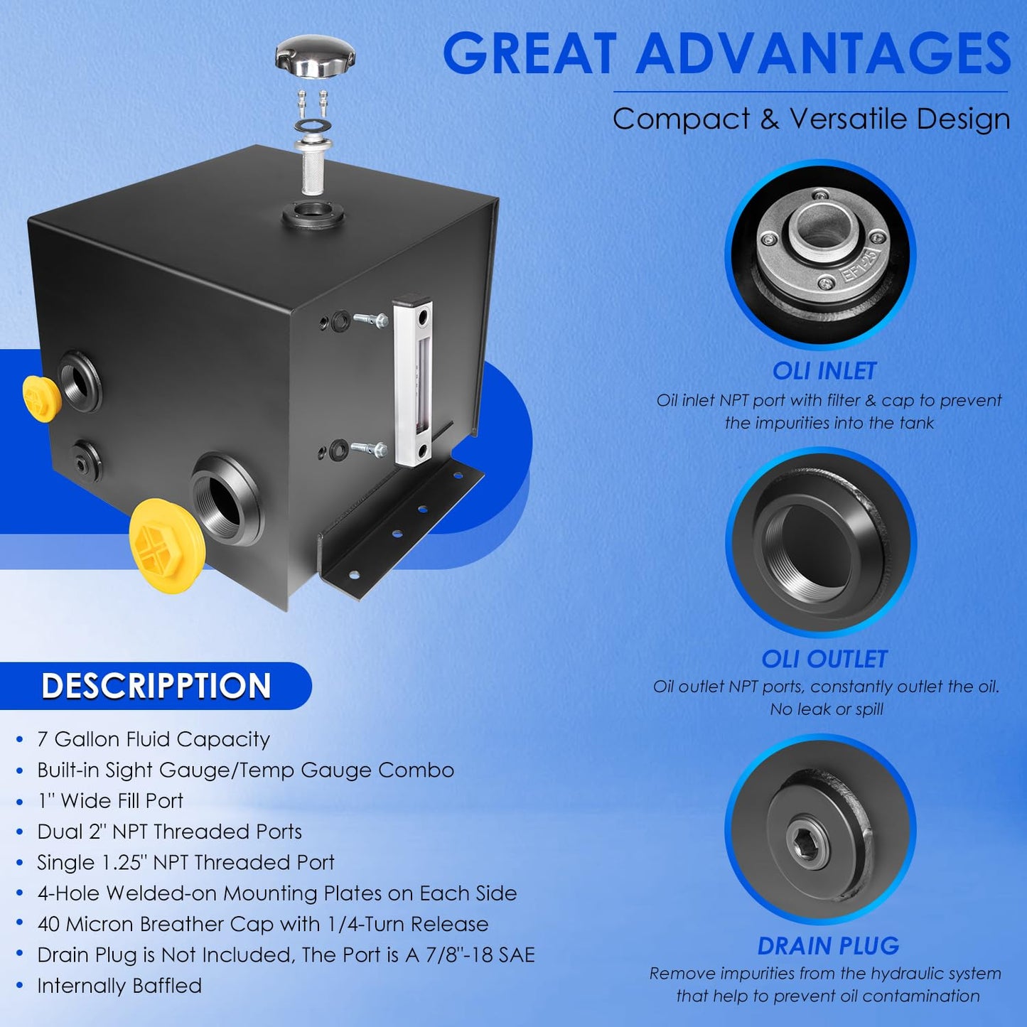 7 Gallon Hydraulic Fluid Reservoir Oil Tank for Tractors, Trucks & Log Splitters w/Breather Strainer Fill Cap, Built-in Temp Gauge & Sight Gauge, Heavy Duty 14 Gauge Steel, Horizontal-Mount