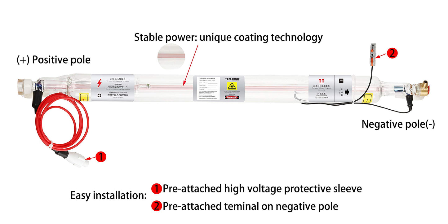 TEN-HIGH CO2 Glass Laser Tube, Unique Upgraded Version Super Easy Installation Stable Power, for Laser Engraving Cutting Machine, Length 700mm Diameter 50mm 40W (Suitable for 40~45W)