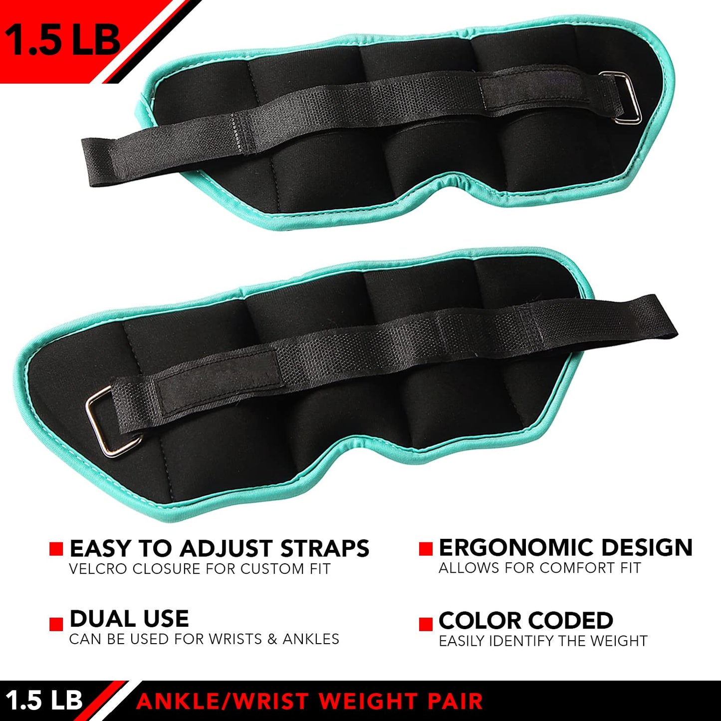 JFIT Ankle Weight Pair 1.5 LBS, Set of 2 with Adjustable Velcro Straps - Breathable, Moisture Absorbent Weight Straps for Men and Women - Comfortable Ankle, Wrist Weights