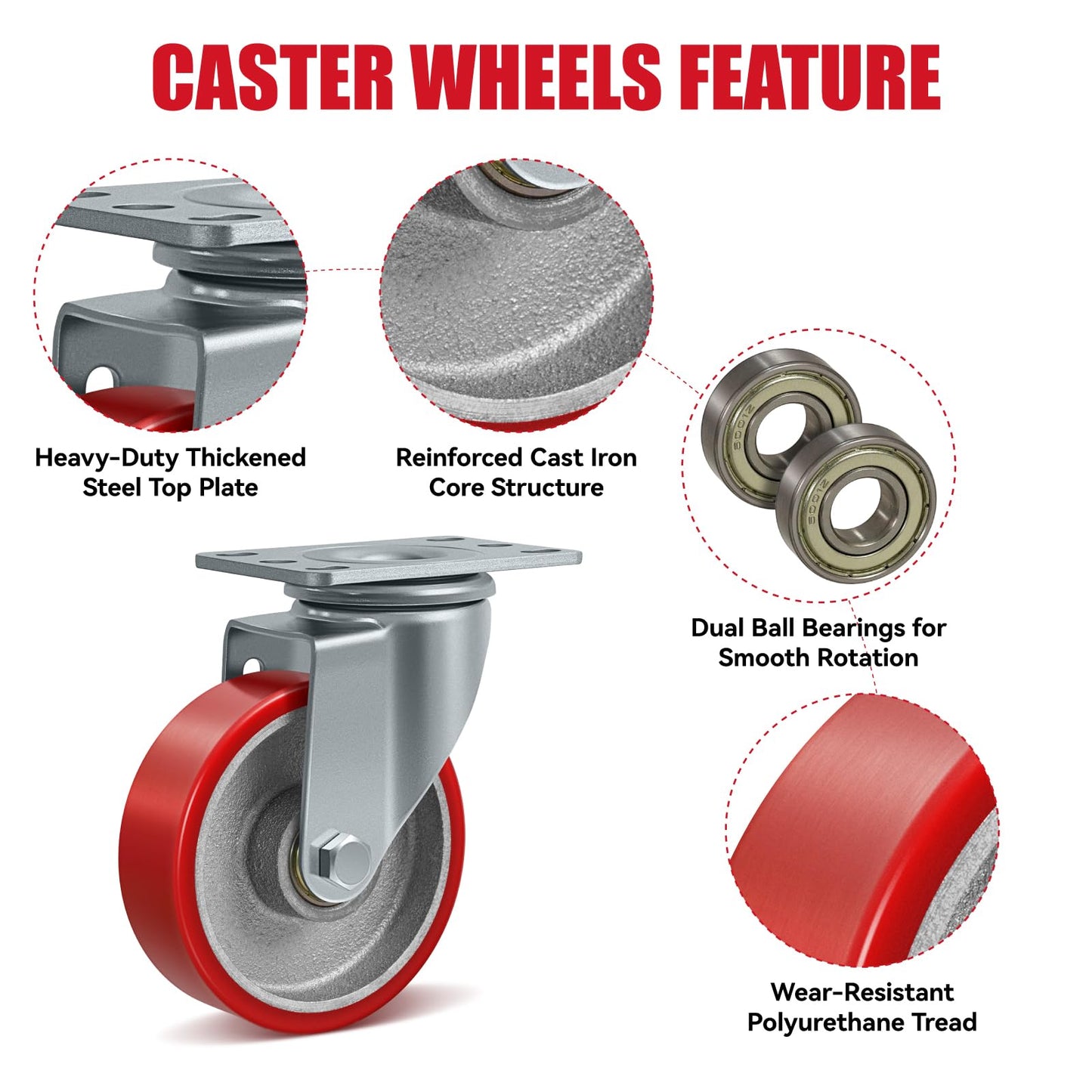 CWfutureparts 4" Industrial Heavy Duty Casters Set of 4, Polyurethane on Cast Iron Caster Wheels, 4 Swivel, 1800 lbs Capacity, for Cart, Workbench, Toolbox, Equipment