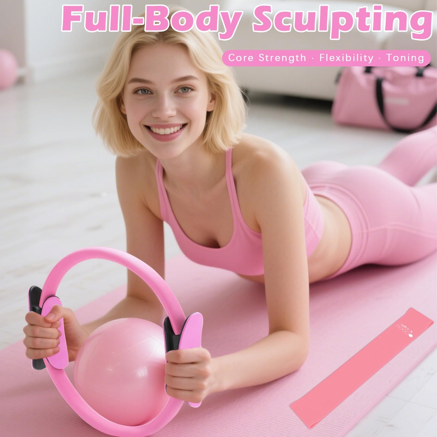 VIOXIA Pilates Kit for Home Workouts – Pilates Equipment Set with Ring, Ball, Resistance Bands, Pilates Accessories, Pilates Essentials Kit for Women, Pilates Sets for Home Exercise（Pink）
