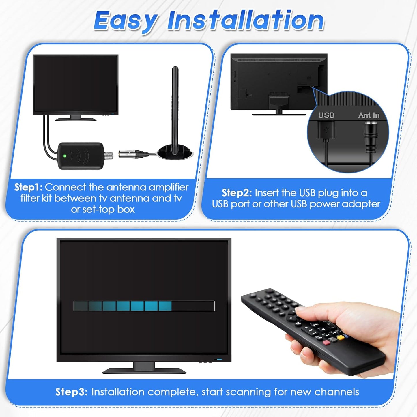 Saillong TV Antenna Amplifier with LTE Filter Kit, Antenna Signal Booster for TV Indoor, Low Noise/Clears Up Pixelated