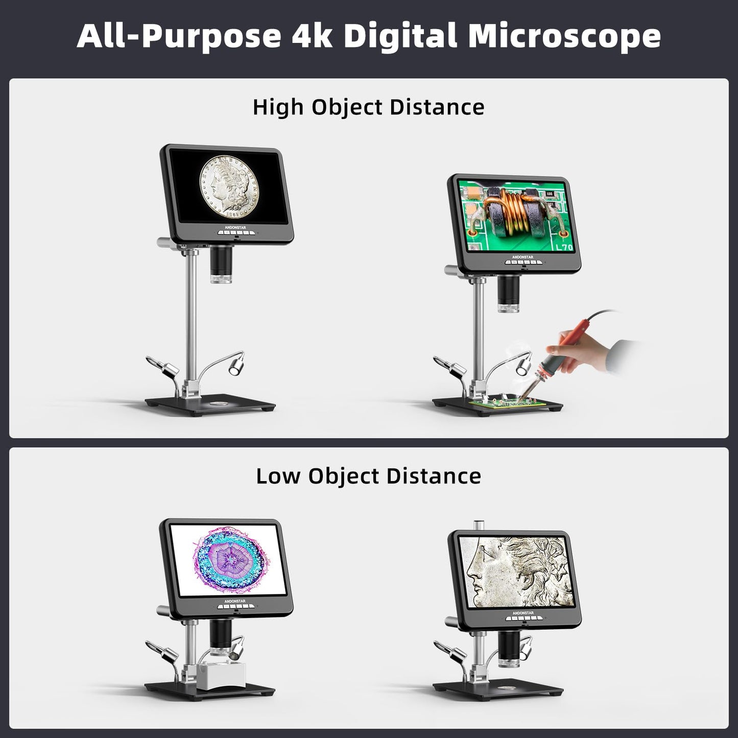 Andonstar 4K 60FPS 10.1" HDMI Digital Microscope for Soldering, 64MP 3840P UHD Video Audio Record, AD210S-Pro Electronic PCB Microscope for Adults, Error Coins, Pro Boom Arm Stand, 64GB