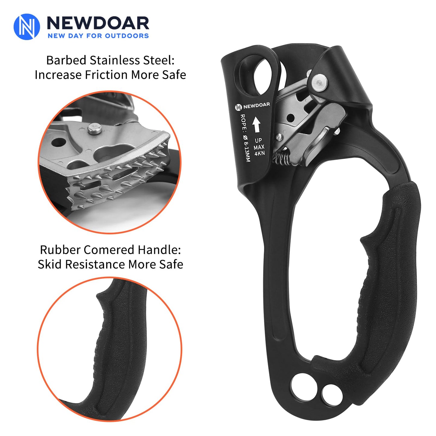 NewDoar Right Hand Ascender Rock Climbing Tree Arborist Rappelling Gear Equipment CE Certified Rope Clamp for 8~13MM Rope(Black Pro-Right)