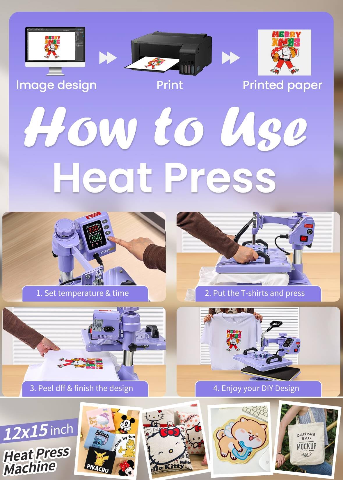 AKEYDIY Heat Press 5 in 1 Heat Press Machine 12x15 inch Swing Away T Shirt Pressing Machine with Digital Control, Multifunction Heat Press Transfer Sublimation Combo for T Shirts Mugs Hat Plate Cap