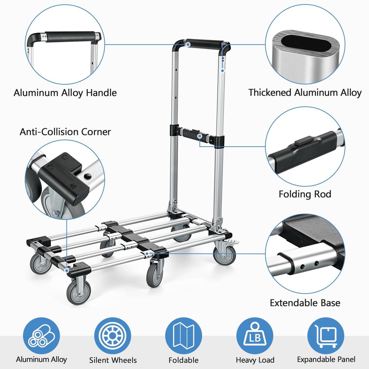 KEDSUM 500LBS Heavy Duty Foldable Push Cart Dolly, Telescoping Platform & Handle with 6 Wheels, 100% Aluminum Lightweight Foldable Push Cart, Heavy Duty Folding Cart for Shopping, Moving, Office Use