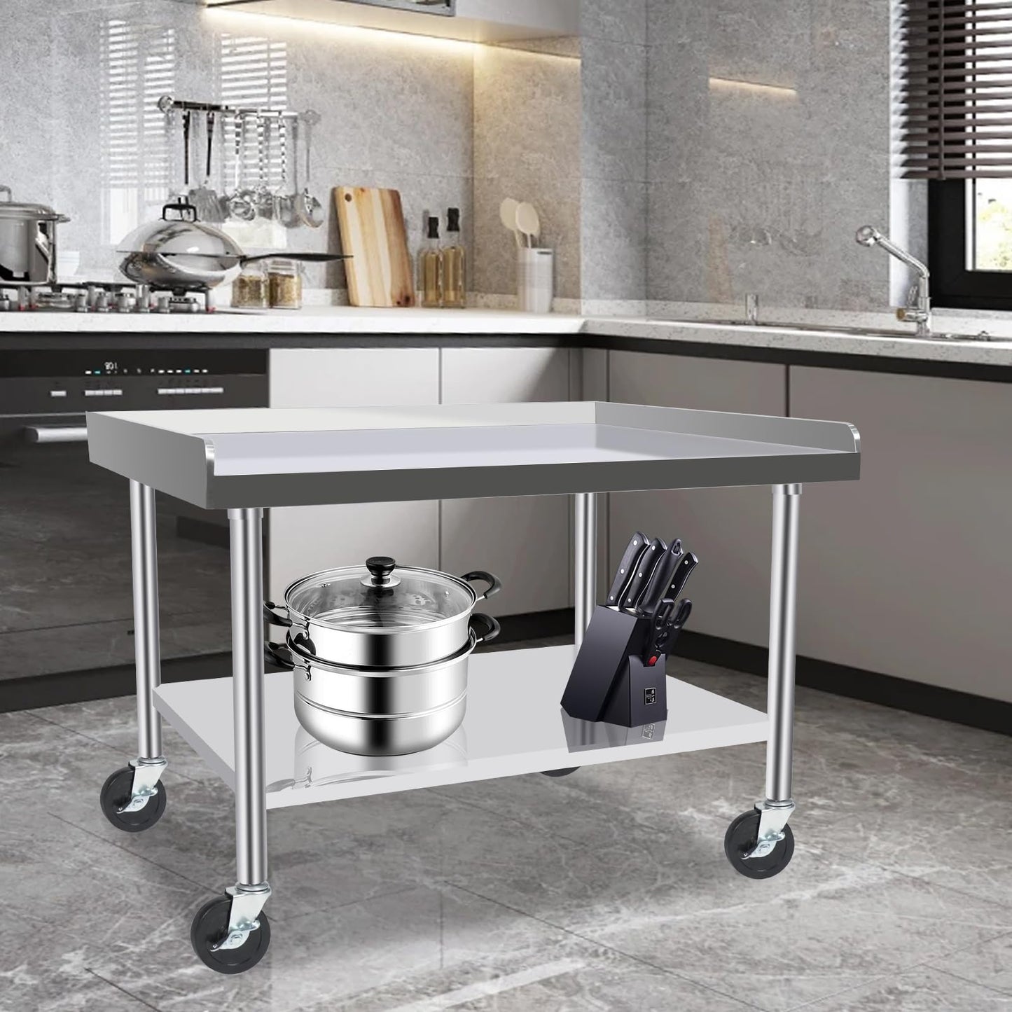 KUGEIGO Commercial-Grade Stainless Steel Workstation Table with Under Shelf & Lockable Casters (30"x36"x26")