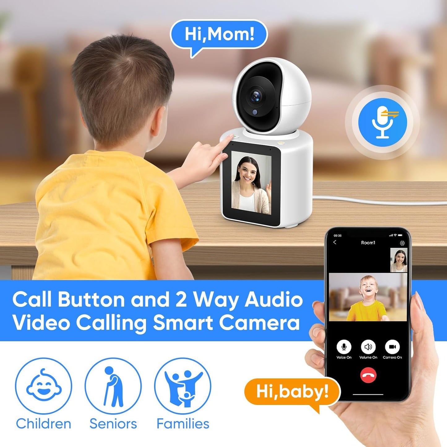 MYPIN 2K 360 Two-Way Video/Audio Indoor Camera, Child/Elder/Dog/Pet Camera with Phone App& Degrees Pan Tilt, Night