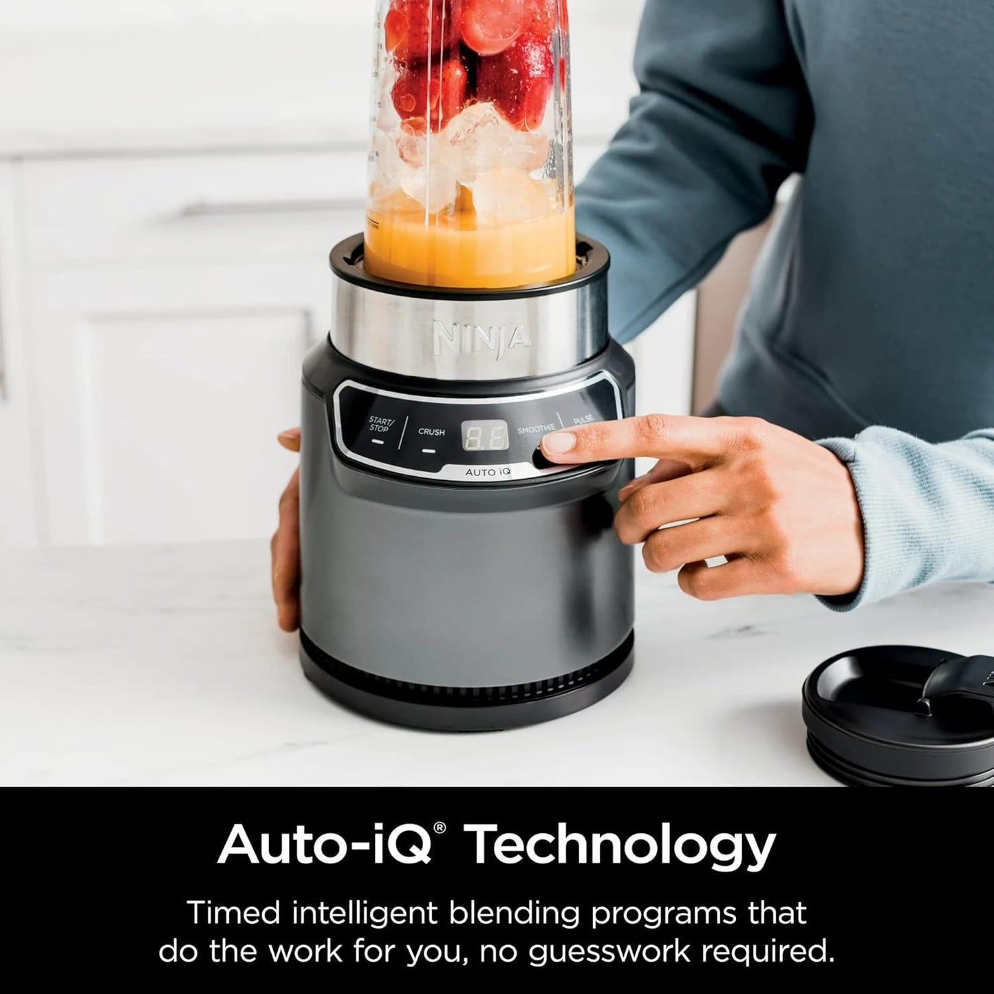 Ninja BN400 Nutri Pro Compact Blender - 1000W Auto-iQ for Smoothies & Frozen Drinks | 18oz & 24oz Cups, Stone Silver