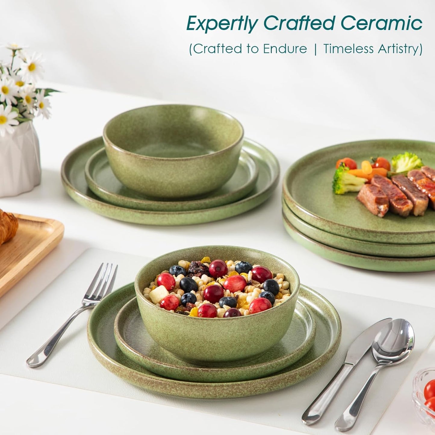 Vancasso ZERMATT Dinnerware Set for 8 - 24 Pieces Scratch Resistant Stoneware | Dishwasher & Microwave Safe, Green