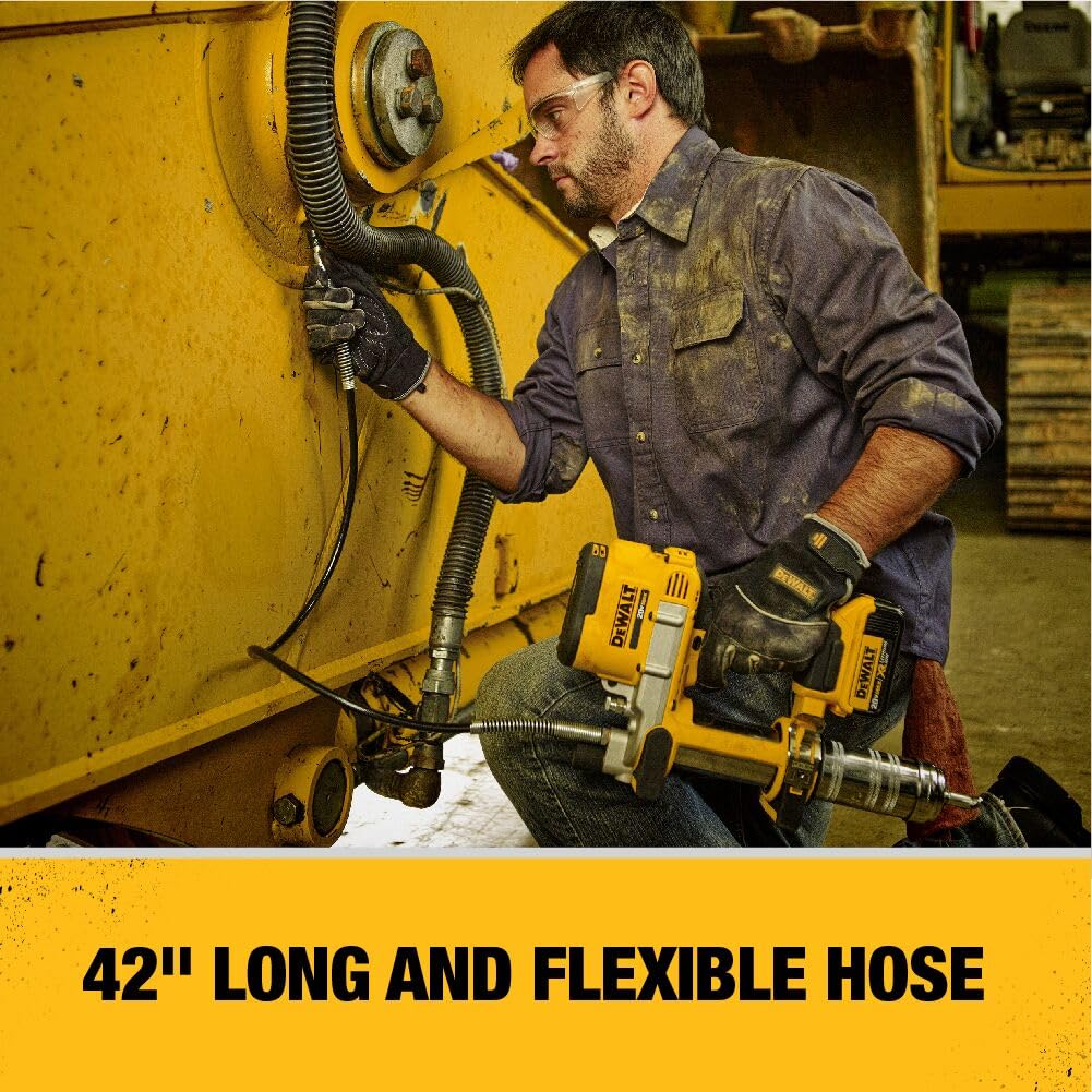 DEWALT Grease Gun Kit 20V MAX with 4.0Ah Battery and Charger, Cordless Grease Gun, LED Light, 42” Hose, 10,000 PSI, Variable Speed Triggers (DCGG571M1)
