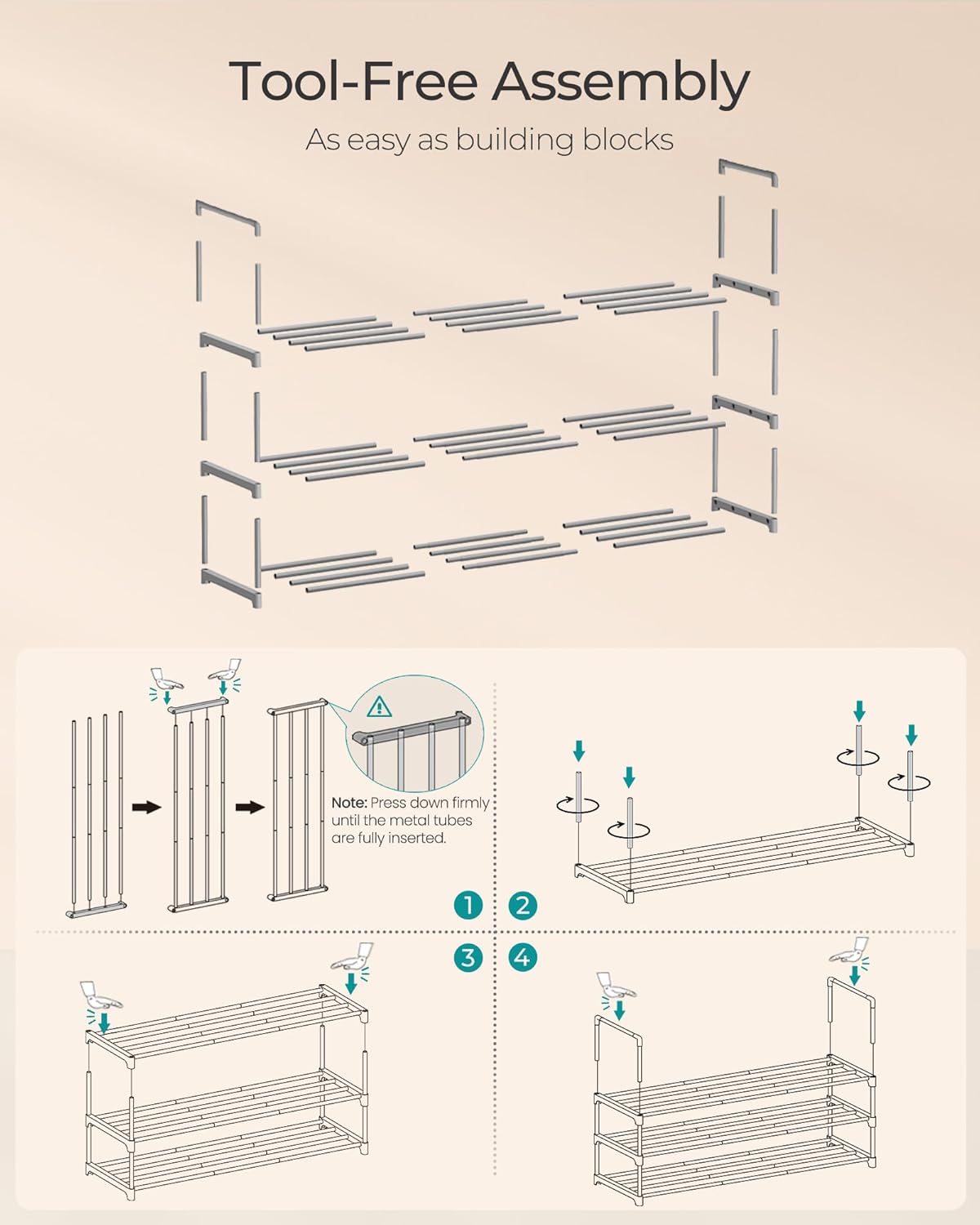 SONGMICS 3-Tier Shoe Rack - Stackable Metal Organizer for 16-20 Pairs | Gray, 11.8 x 36.2 x 21.7 Inches