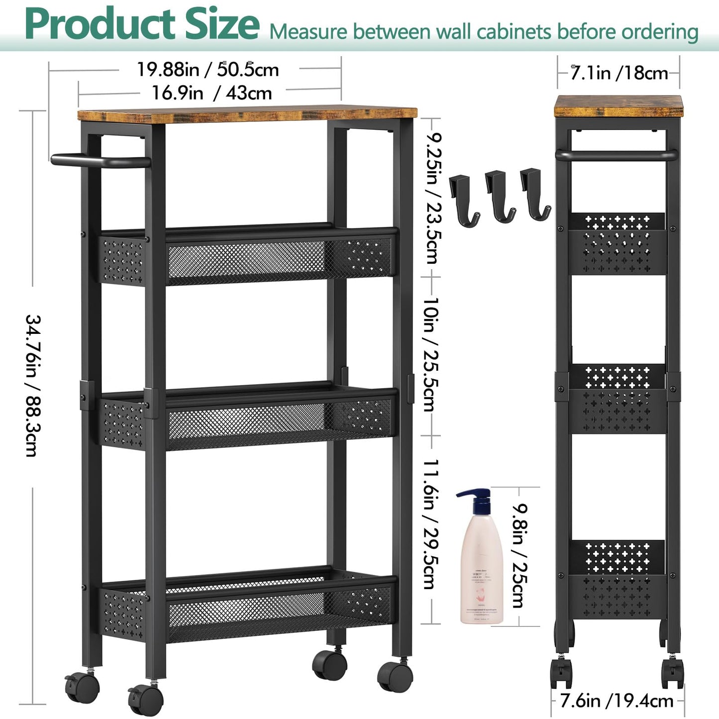 Vivihomety Utility Slim Storage Cart with Wheels, 4 Tier Small Rolling Cart with Wood Top, Metal Kitchen Bathroom Laundry Room Organization Trolley with Handle for Narrow Space – Black