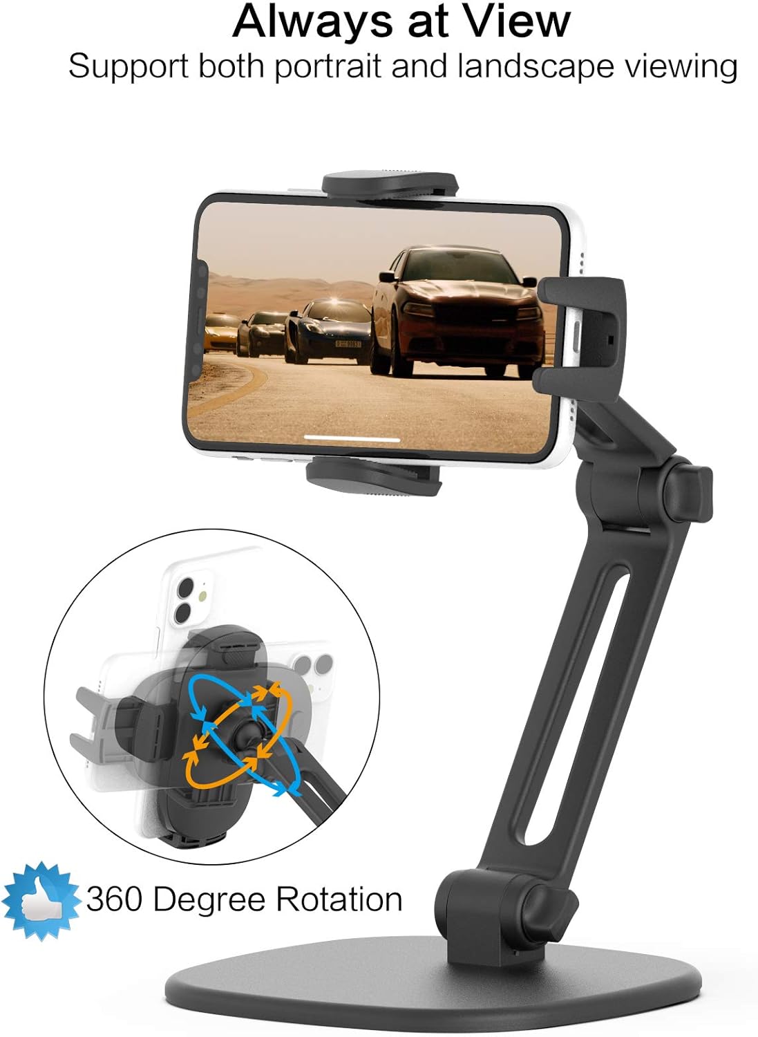 APPS2Car 360 Phone Stand for Desk [No Dropping Stable Triple-Clamp Holder] Adjustable Height Degree Rotation Heavy Base
