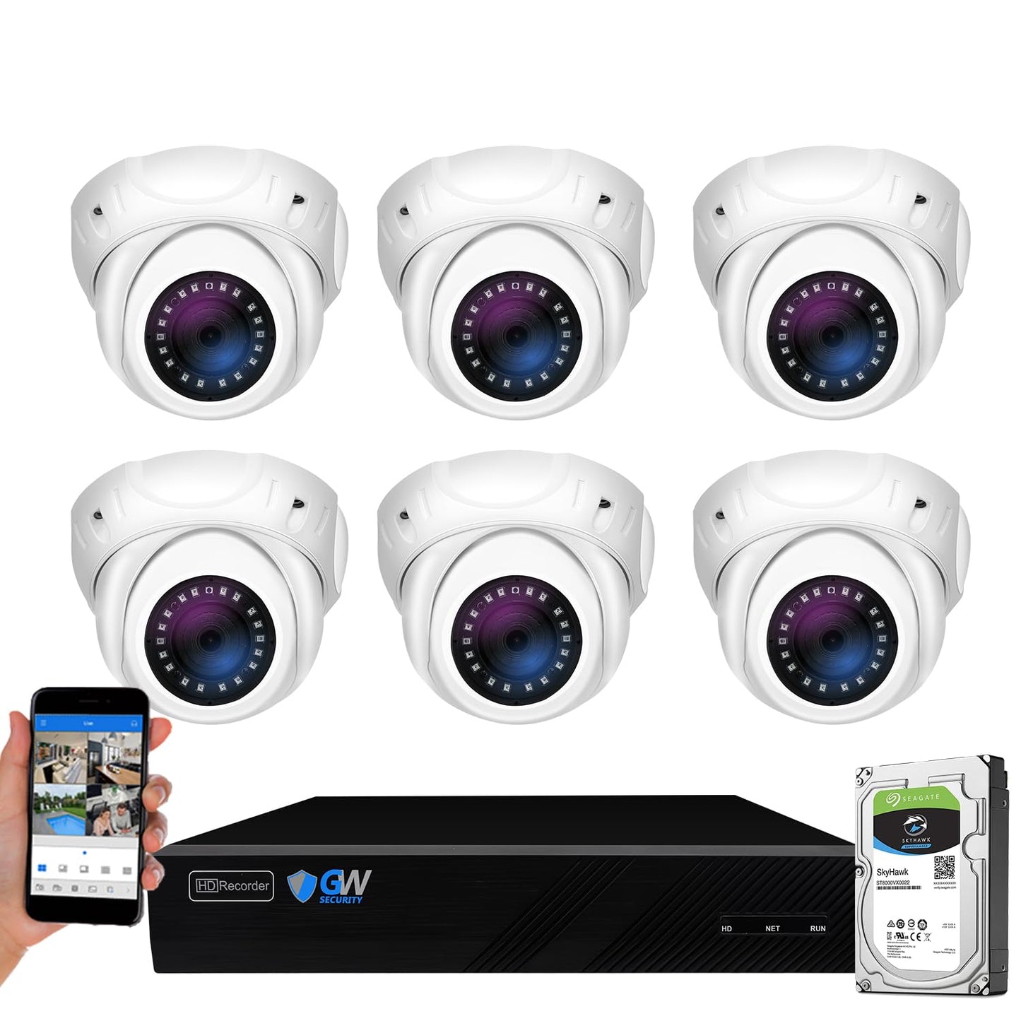 GW Security 8 Channel Smart AI PoE NVR Ultra-HD 4K (3840x2160) Security Camera System with 6 x 4K (8MP) 2160P Face Recognition/Human/Vehicle Detection Waterproof Microphone IP Dome Camera