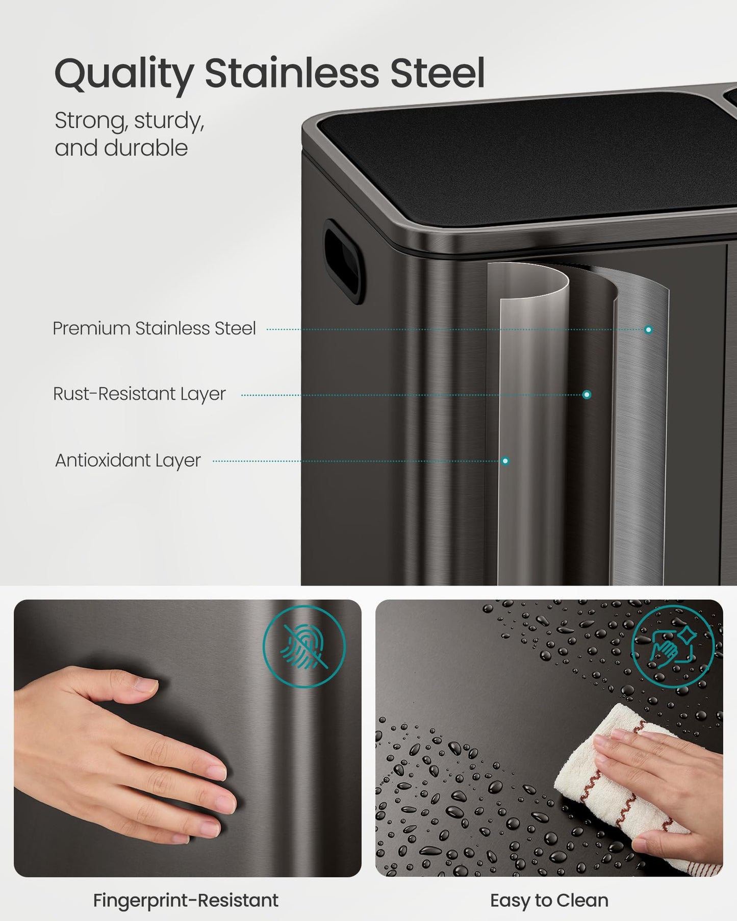 SONGMICS Trash Can, 2 x 10.6 Gallon (2 x 40 L) Garbage Can for Kitchen, with 15 Trash Bags, 2 Compartments, Plastic Inner Buckets and Hinged Lids, Airtight, Slate Gray ULTB730G01V1