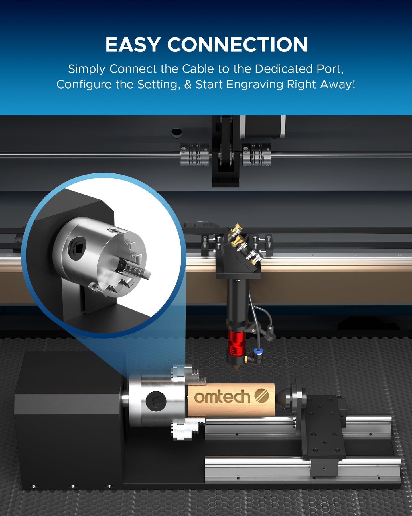 OMTech Rotary Cutter and Engraver Attachment with 3-Jaw Chuck and 2-Phase Stepper Motor for 50W 60W 80W 100W 130W CO2 Laser Engraving Machines Rotary Tool Accessory Kit for Wood and More