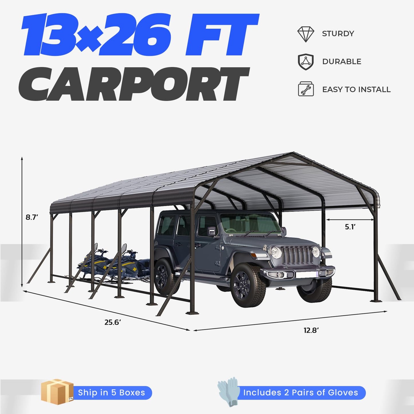 EROMMY13' x 26' Heavy Duty Metal Carport with Galvanized Steel Roof & Base for All-Weather Protection, Outdoor Carport Garage, Versatile for Car, Boat, Tractor, and Party Use, Dark Gray