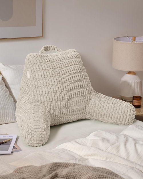 Blissful Diary Reading Pillow, Large Backrest Pillow with Shredded Memory Foam for Adult & Children, Designed for Bed and Couch Sitting Up, Includes Arms, Pockets and Washable Cover, Off White