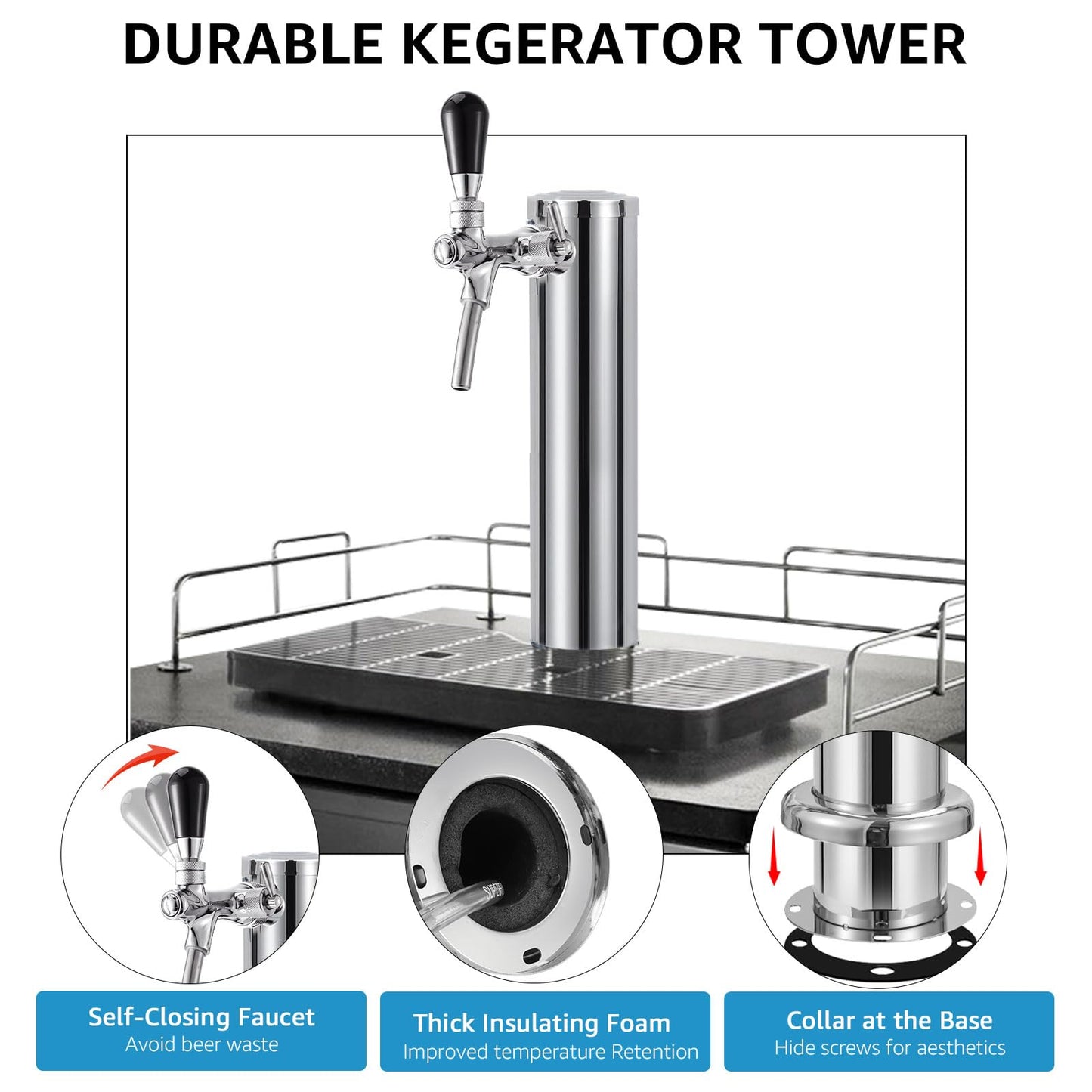 Adjustable Single Tap Tower Kegerator Tower, Draft Beer Tower Keg Tower with Kegerator Parts, Stainless Steel Core Pre-assembled Beer Line Beer Tower Dispenser for Homebrew