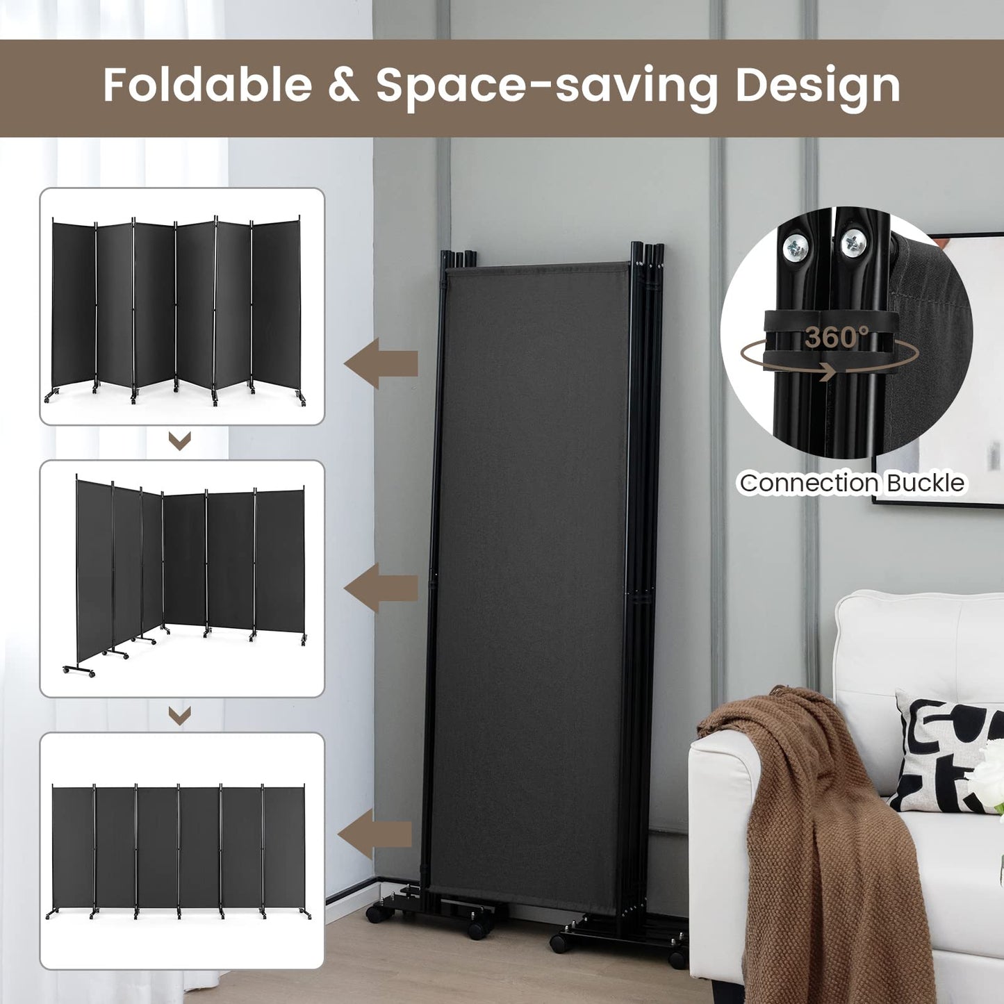 Giantex 5.7Ft 6-Panel Folding Room Divider with Rollers Grey- 132" Wide Large Rolling Foldable Privacy Screen, Lightweight Portable Wall Partition Separation Room Dividers with Wheels