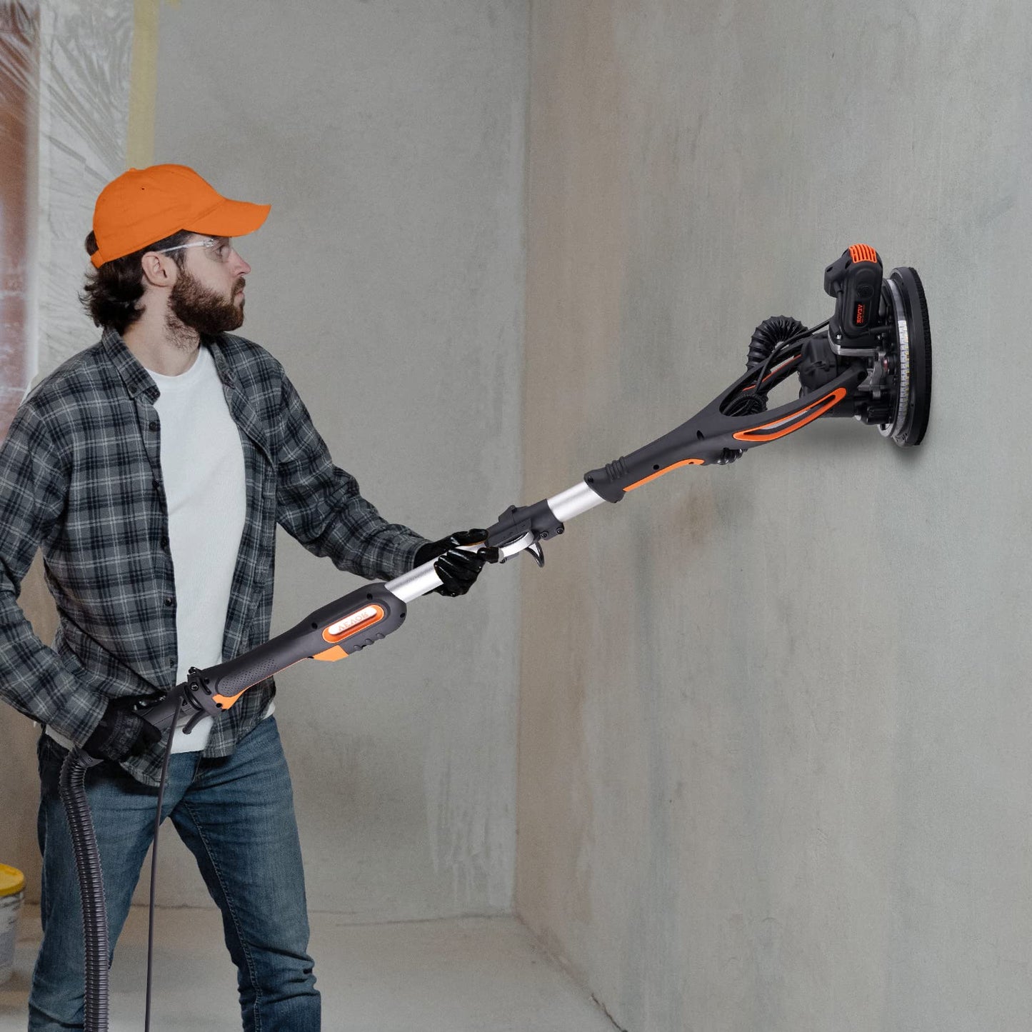 VEVOR Wall Smoother, 900W Electric Tool with 12 Sanding Discs, 800 to 1800 RPM Speed, 3 Vacuum Hoses, Collapsible for Ceiling Use, Dual LED Lights, Telescoping Handle, and Built-in Dust Collector