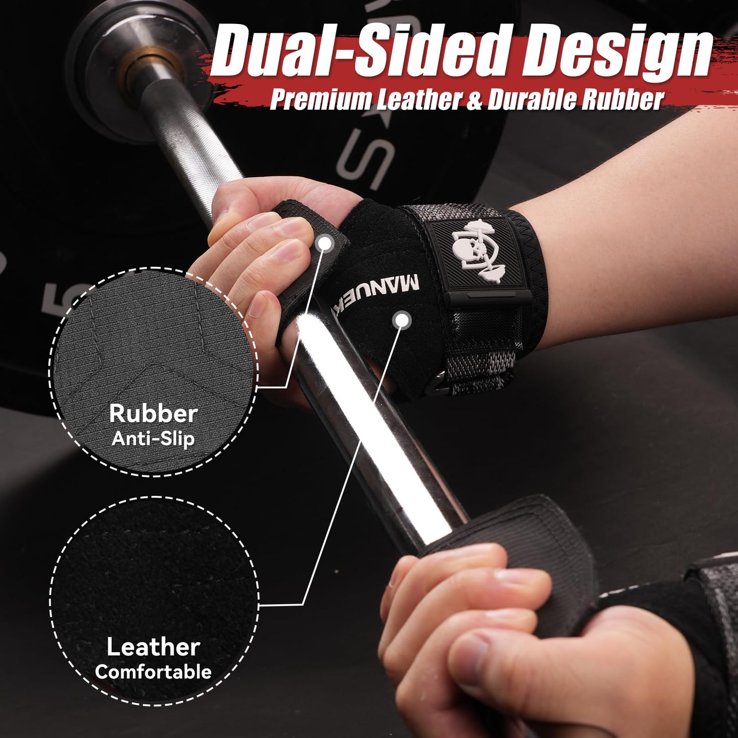 MANUEKLEAR Gym Straps Weight Lifting, Double Leather Lifting Straps for Men Deadlift with Cushion Wrist Loop, Gym Liftings Wrist Wraps for Weightlifting