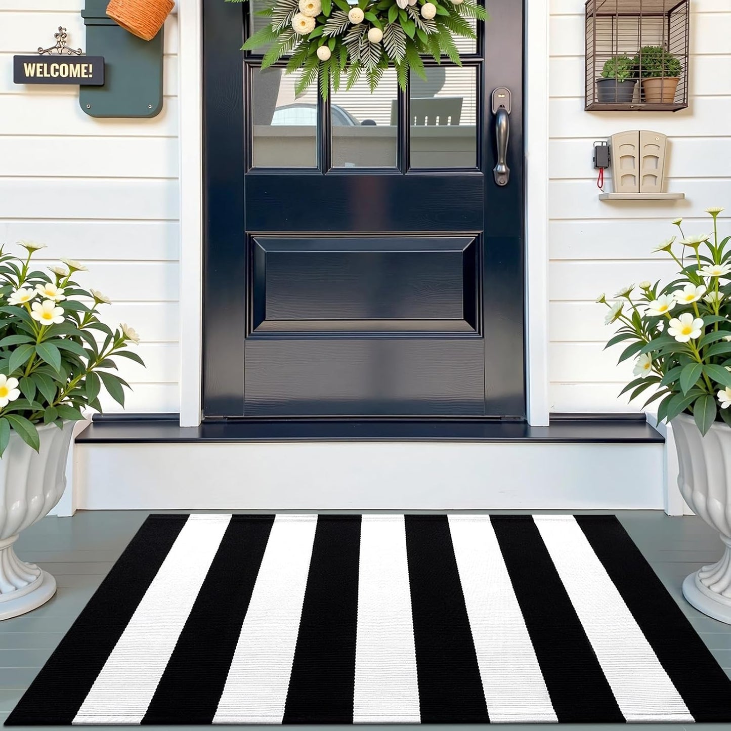 OLANLY Striped Rug - Washable Black and White Cotton Doormat | 2'4" x 3'7" for Indoor/Outdoor Use