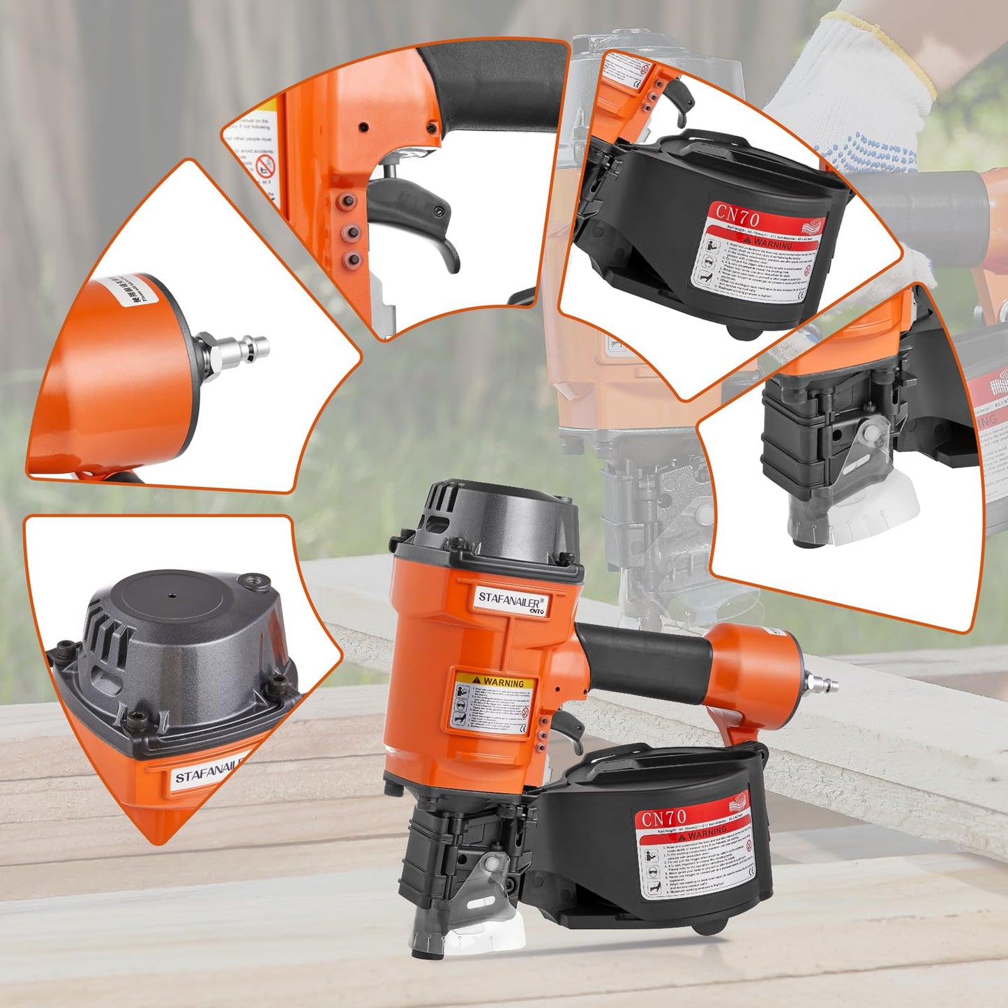Stafanailer Update CN70 Air Coil Nailer, 15 Degree Pneumatic Coil Nail Gun, 1-3/4" to 2-3/4" Fast Shooting Nailer, High Speed Air Coil Nail Gun for Pallets, Siding, Crating, Fencing, Decking