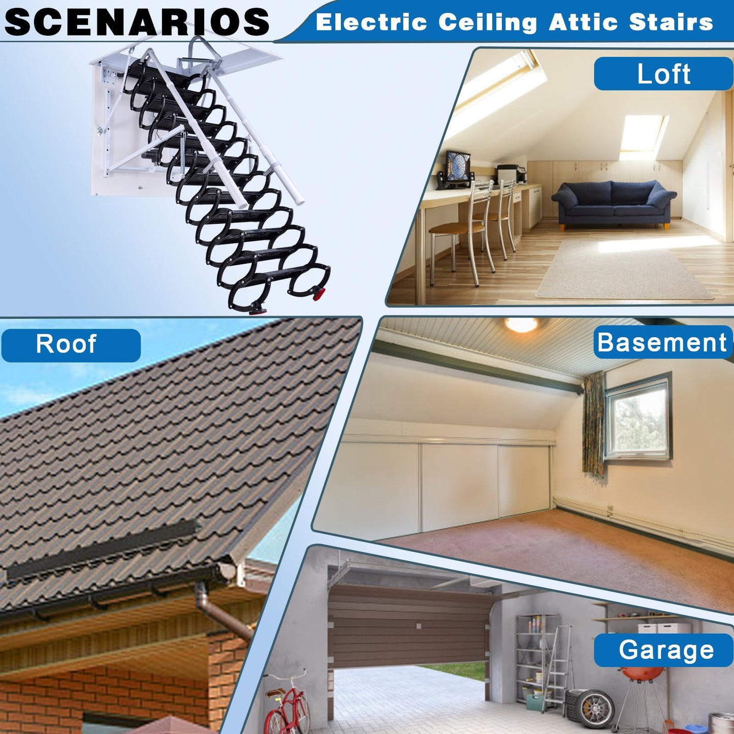 12 Steps Electric Attic Ceiling Ladder, Retractable Pull Down System Attic Stair, Invisible Folding Ceiling Loft Ladder with Telescoping Handrail, Extension Steps Staircase for Home (Black, Steps 12)