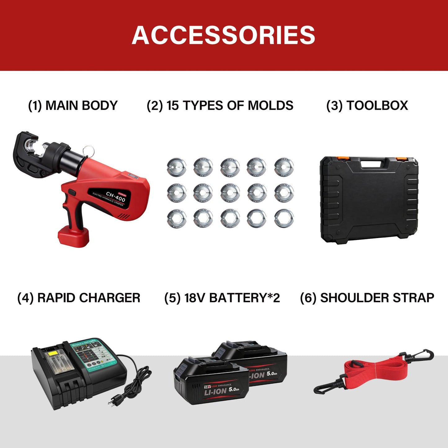 Cordless Hydraulic Crimping Tool - 15Molds(12AWG to 750MCM) 12Tons Battery Electric Lug Crimpers for Cu/Al Terminals, Continuous Wire Crimper Pliers