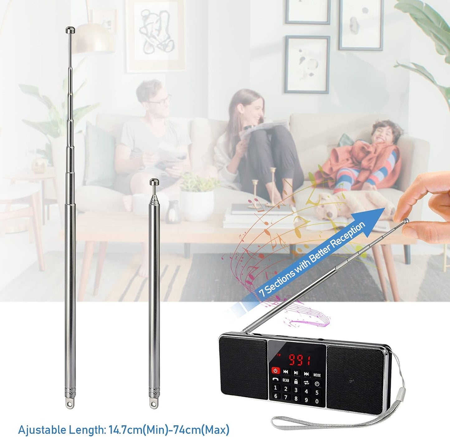 BINGFU 7 74cm (2-Pack) Sections Telescopic AM FM Antenna Portable Radio Antenna Replacement Compatible with Indoor