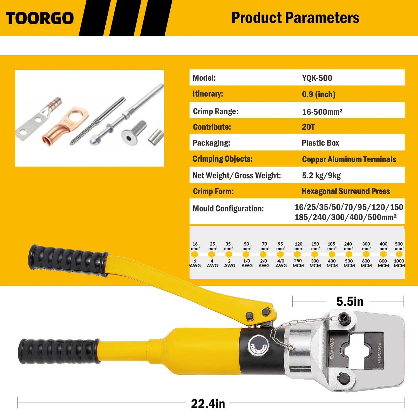 TOORGO Crimping Tool, 6 AWG to 1000 MCM Hydraulic Plier, 20 Ton Copper and Aluminum Terminal Wire Lug Hydraulic Crimper, Crimping Tool Kit with 13 Dies