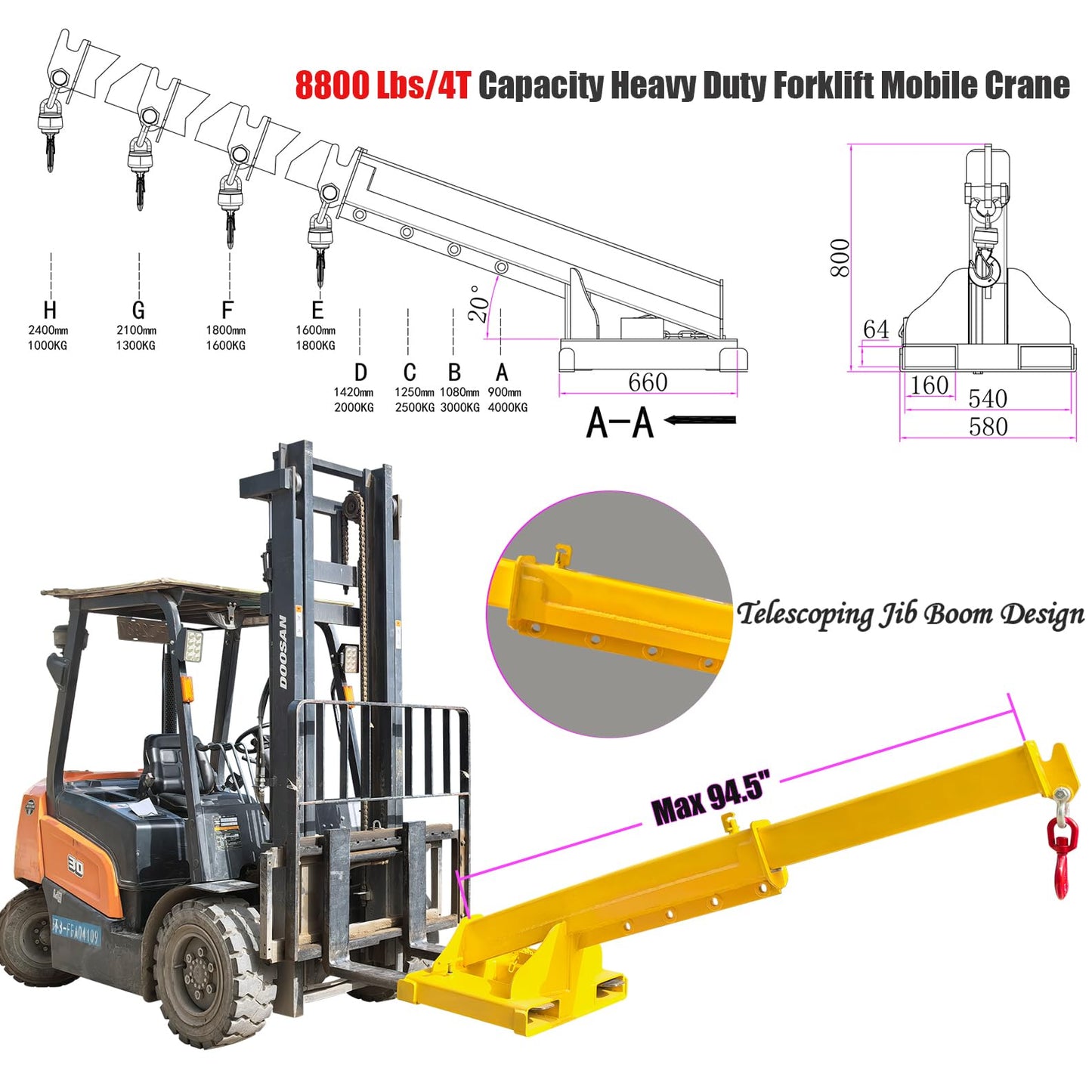 INTSUPERMAI Adjustable Forklift Jib Boom Crane, 8800 Lbs/4T Capacity Heavy Duty Forklift Mobile Crane, Max 94.5" Telescopic Arm, with Truss Hoist Jib Boom and Hook, for Towing Handling Equipment