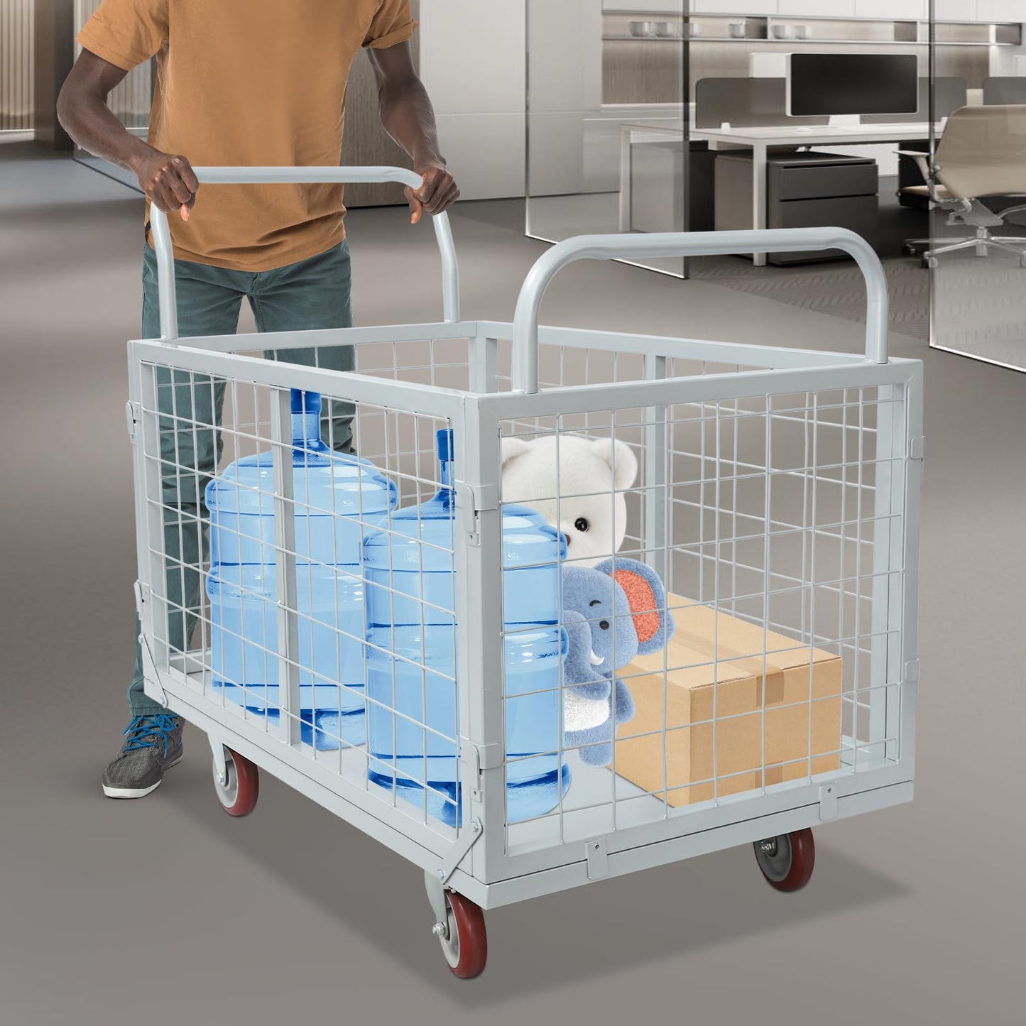 Platform Truck Cart with Cage, 38x24x21in Hand Truck Extra Large Version, Heavy Duty Push Cart Dolly, with Swivel Wheels, 1800lbs Capacity Utility Hand Cart, for Grocery/Storage (4-in-1, 1800lbs)