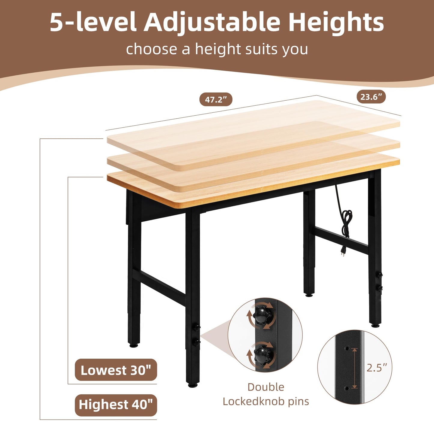 48" Adjustable Workbench with Power Outlets, Work Table for Garage, 2000 LBS Capacity Hardwood Work Bench, Heavy Duty Table for Workshop, Office, Garage, Home
