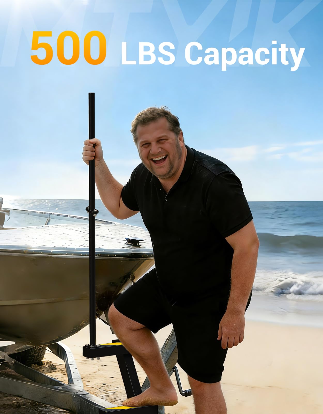 Boat Trailer Steps with Handle, Heavy Duty 3-Step Ladder for Trailer Tongue, with Non-Slip Step Pads, 500 lbs Load Capacity, Universal Fit for Most Bass Boats and Deep V Boats