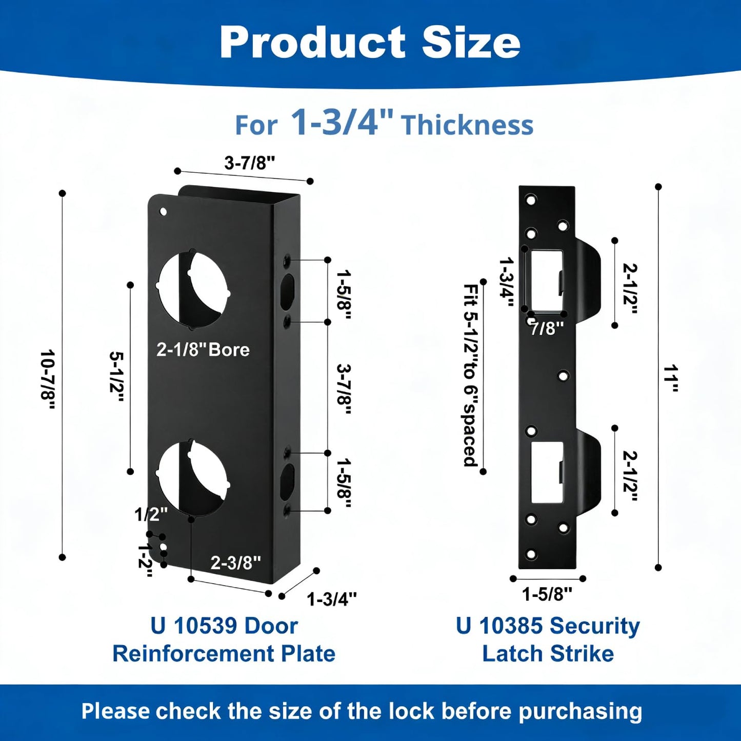 U 10539 Door Reinforcement Plate for 1-3/4" Thick Doors and Includes The U 10385 Door Strike Plate. (Black)
