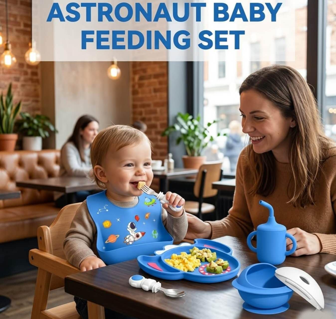 8 PCS Silicone Baby Feeding Set, Astronaut Theme, Spoons, Fork, Silicone Bibs, Baby Sippy Cups, Plate Bowl Set Baby Eating Essentials Led Weaning Toddler (Blue)