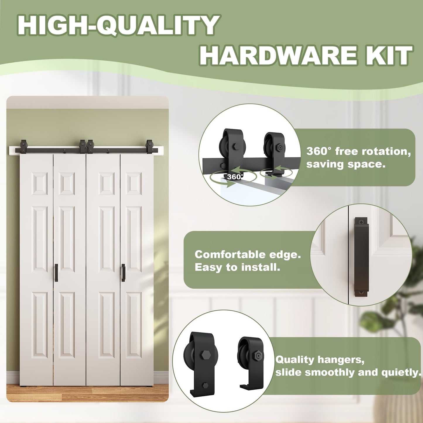 JUBEST 48"x 84" Bifold Barn Door, 6 Panel Bifold Sliding Barn Doors with 4.3FT Hardware Kit Included, Primed Doors Surface, Hollow-core & MDF Molded Panel, Four 12" x 84" Door Panels, DIY Available