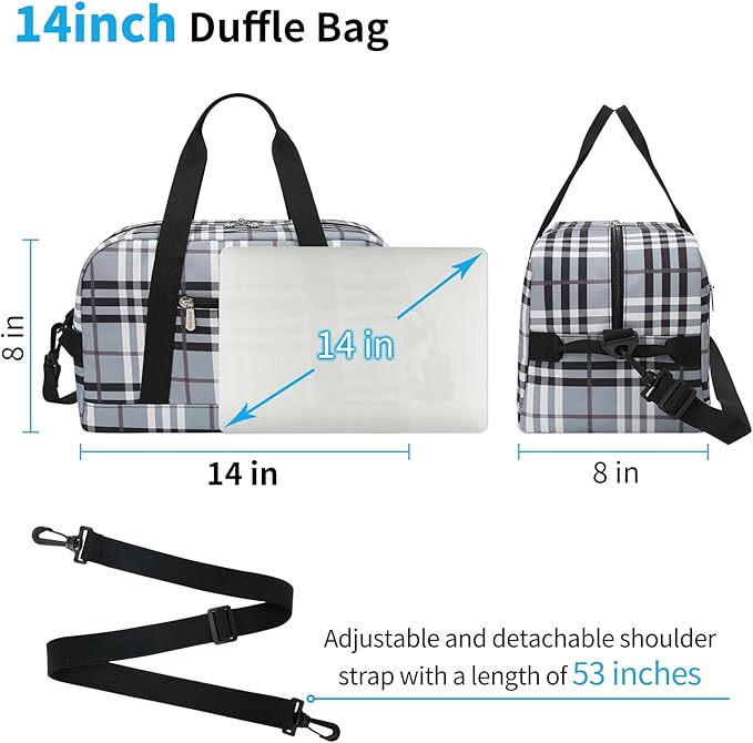 Small Gym Bag 14 inch lightweight Carry On Mini Duffel Bag for Travel Sport - Gray white plaid