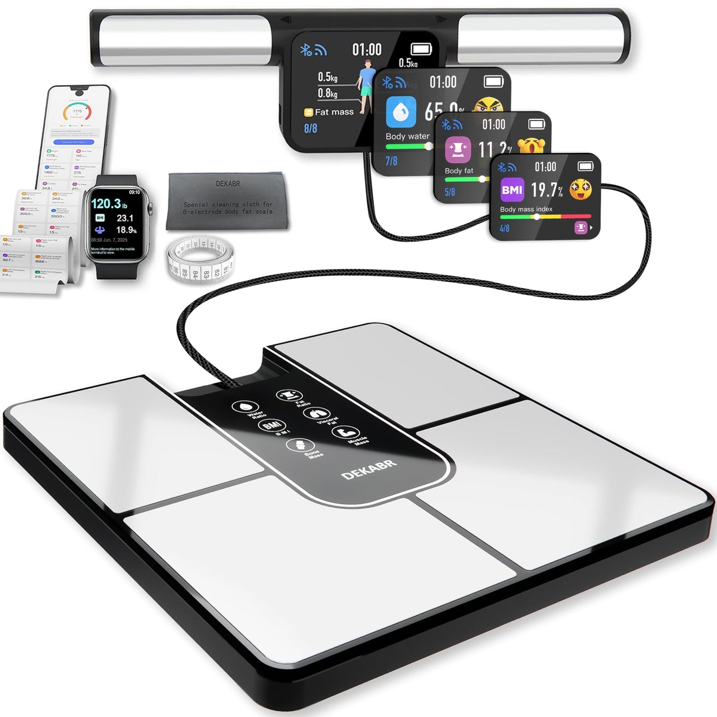 DEKABR Smart Scale for Body Weight, 8 Electrode Digital Bathroom Scale for Body Fat BMI Muscle Mass, 57 Body Composition with Voice Prompt, TFT LCD on Retractable Handle for Home & Gym