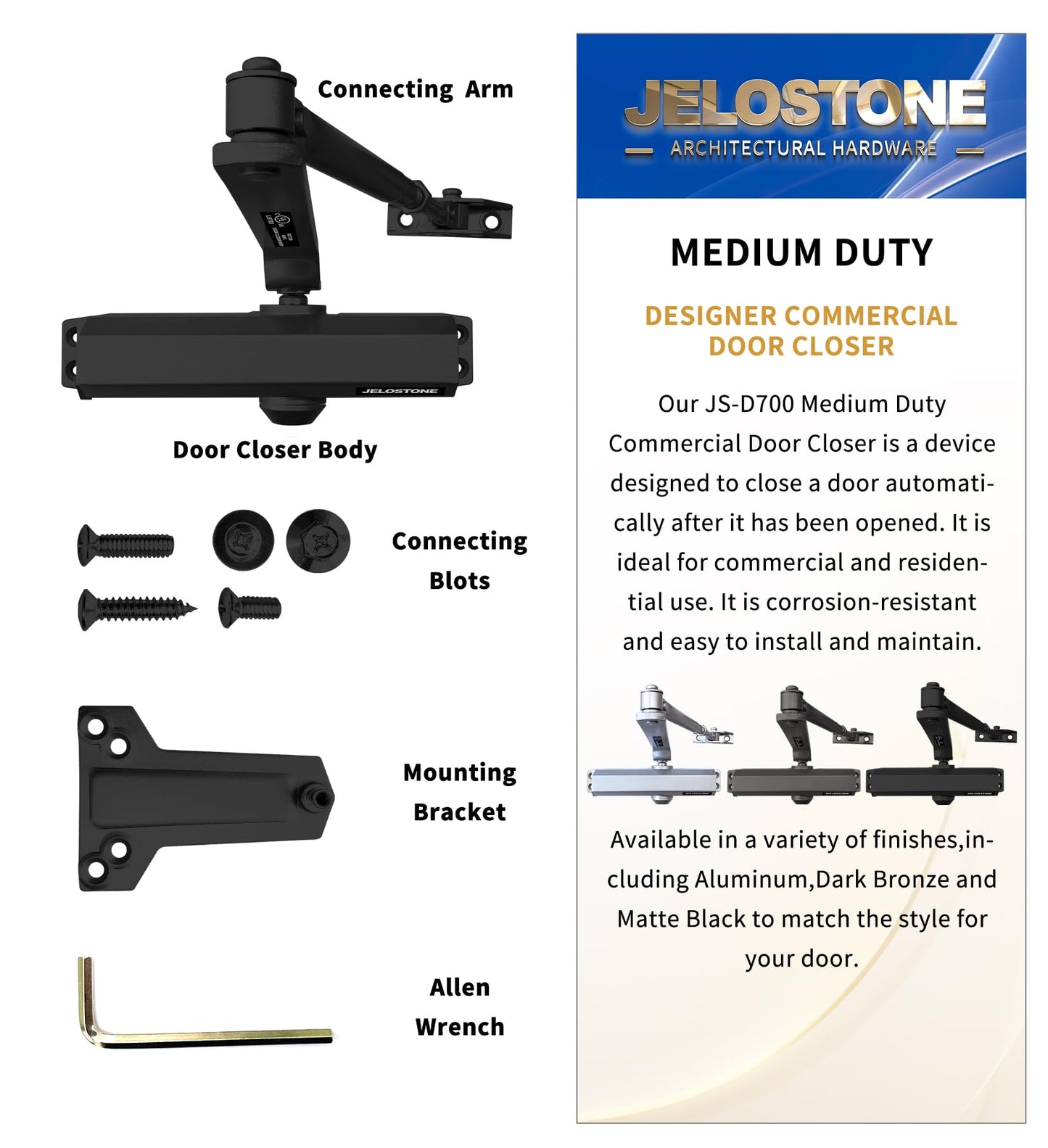 JELOSTONE Medium Duty Commercial Door Closer D700, 3 Valves Closing/Latching/Backcheck, UL 3 Hour Fire Rated, Fixed Size #3 Spring Power, Door (55-150LB/33-36 in), Indoor/Outdoor (Matte Black)